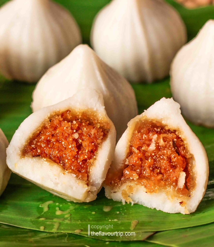 Modakisa sweet dumpling that is steamed or fried. Modak is prepared during the Ganesha Festival around August. The sweet filling is made up of fresh-grated coconut and jaggery, while the soft shell is made from rice flour, or wheat flour mixed.